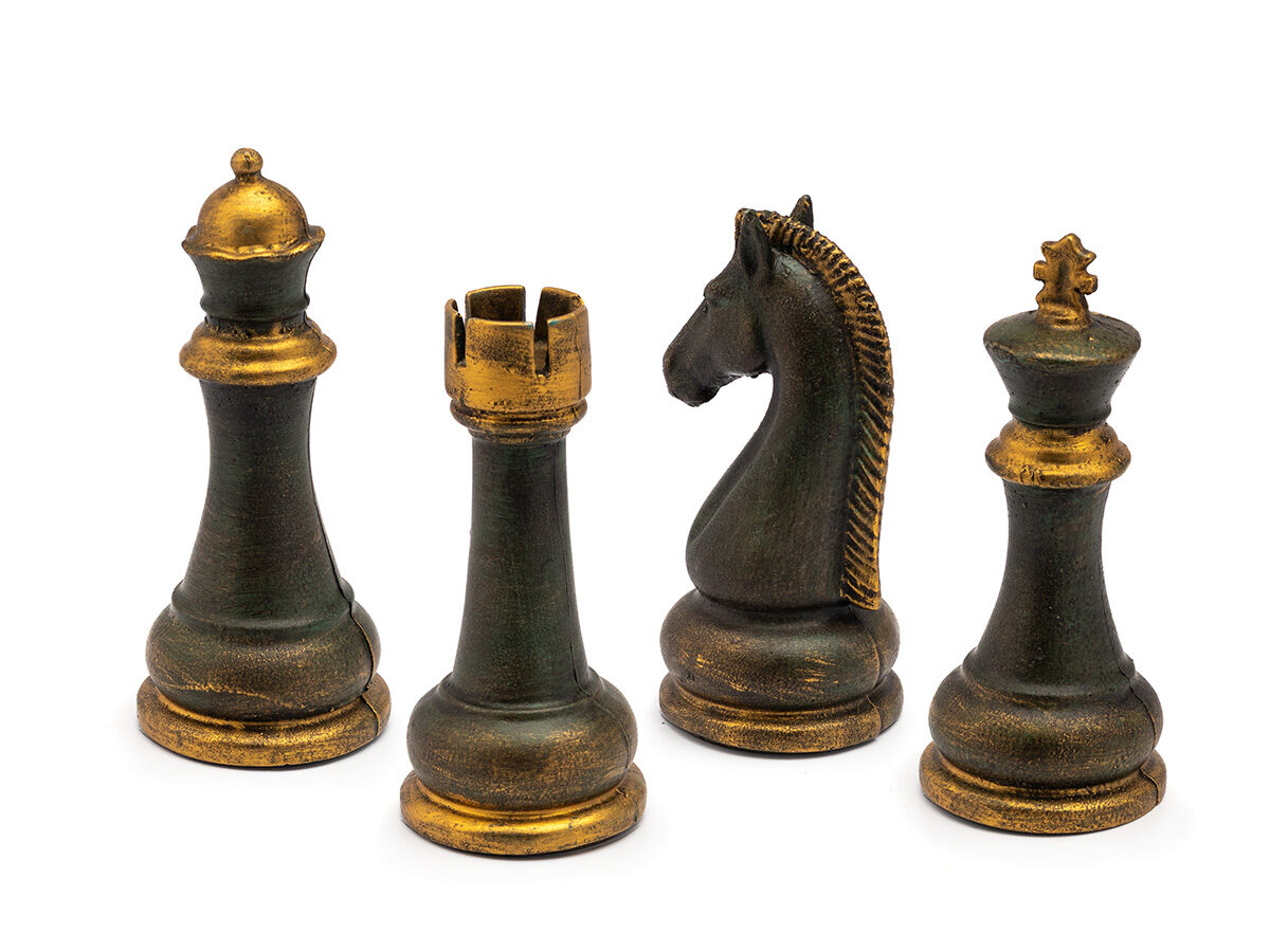 Kit Decoração Xadrez Chess Gold Cavalo Rainha e Rei em Alumínio