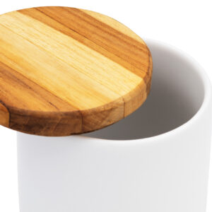 Pote de porcelana com tampa de madeira teka porta cotonete
