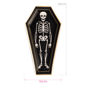 Enfeite halloween caixão esqueleto caveira travessa de vidro